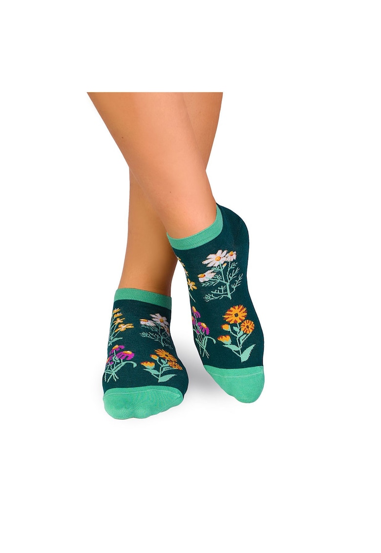 Sosete scurte bumbac - model floral - Verde Inchis