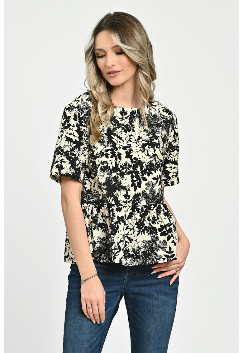 888142604-Bluza Dama - Peplum - din Viscoza - Crem cu Negru si model Floral