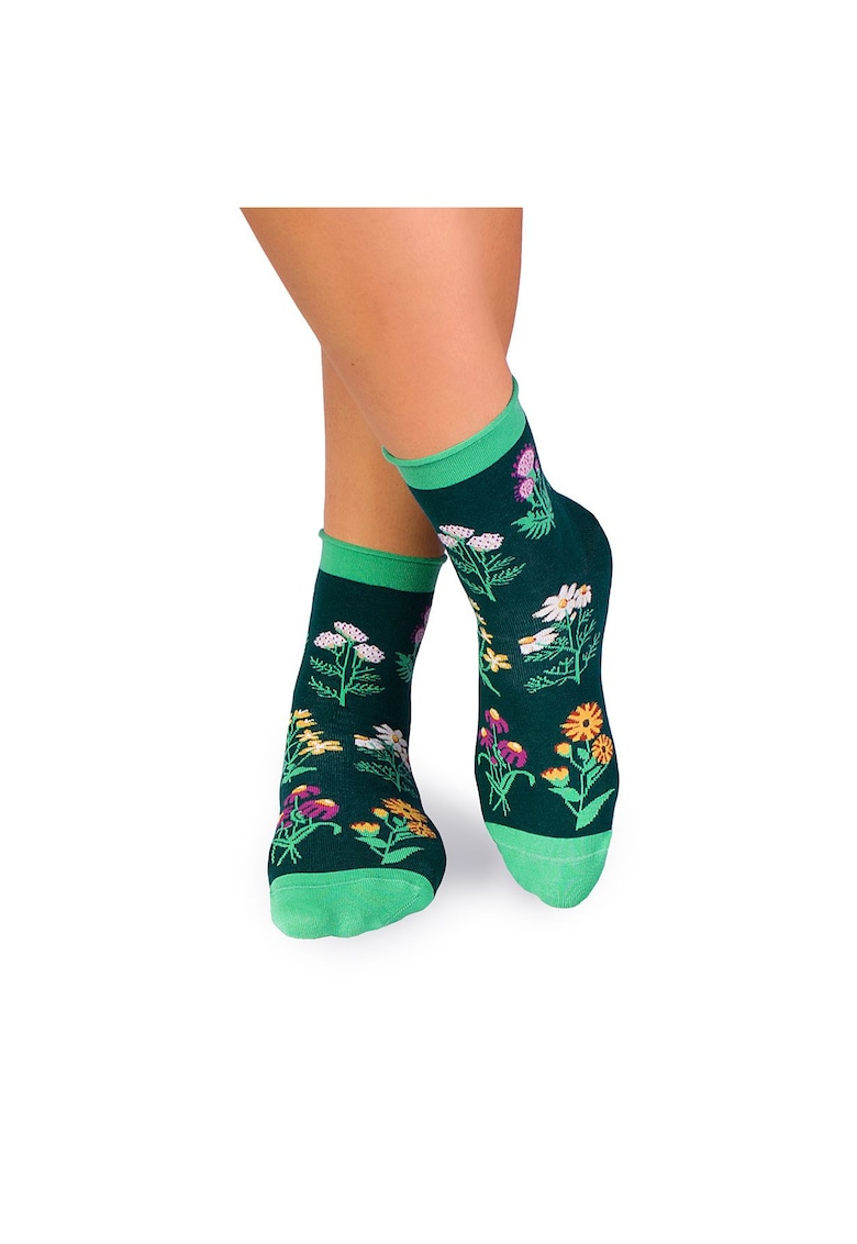 Sosete bumbac de lungime medie - model floral - Verde Inchis