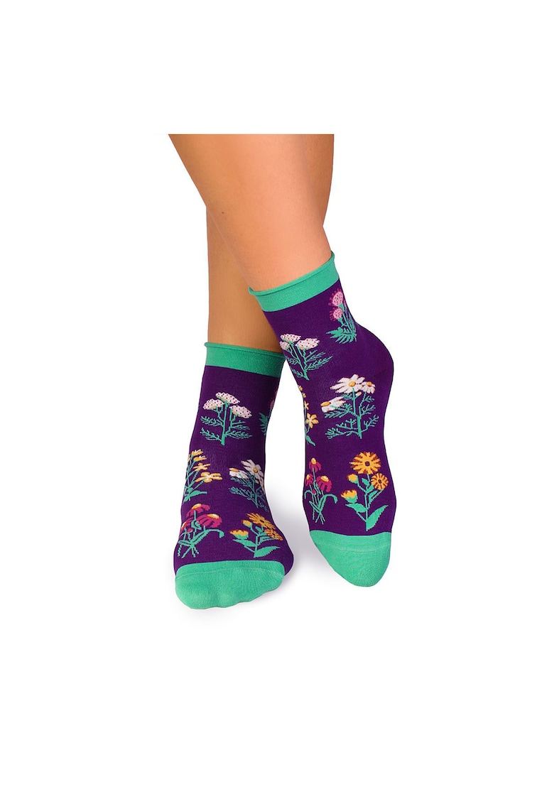 Sosete bumbac de lungime medie - model floral - Violet