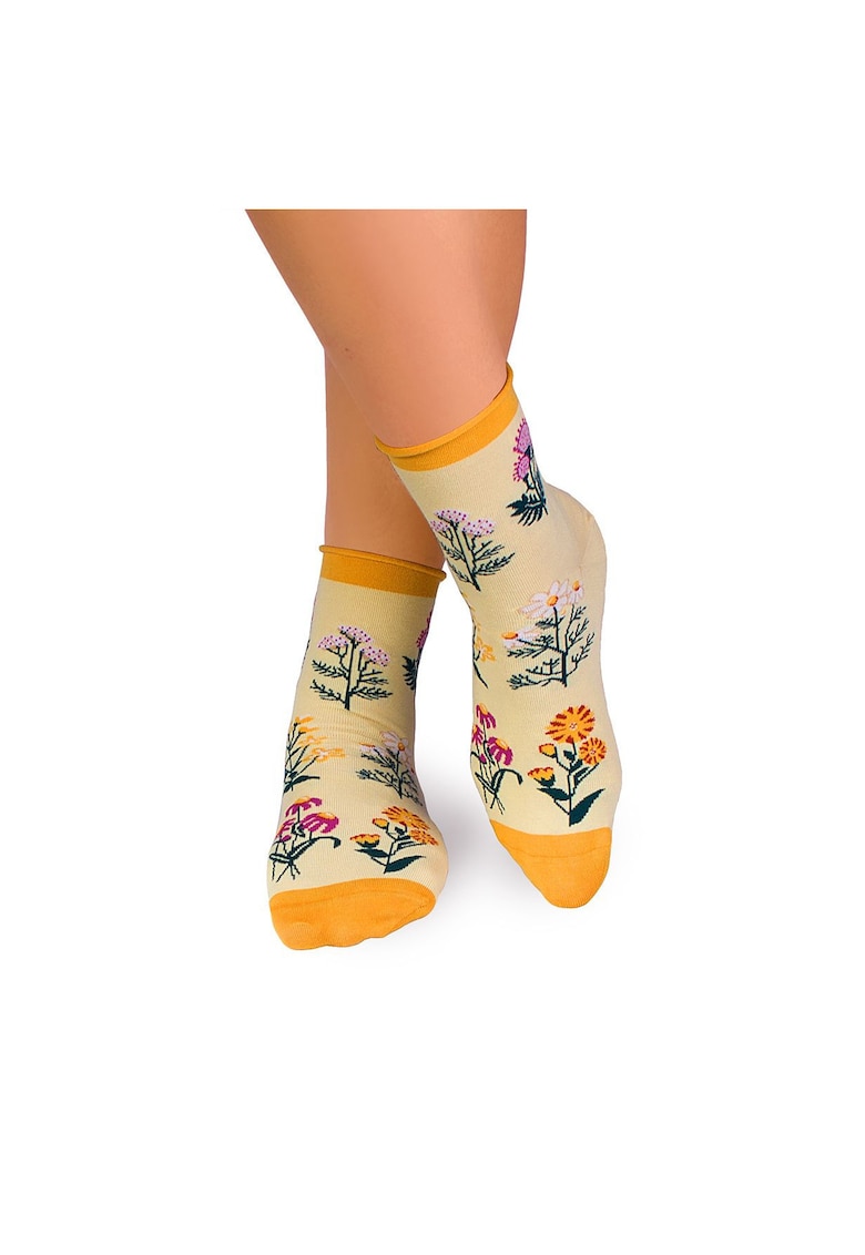 Sosete bumbac de lungime medie - model floral - Galben