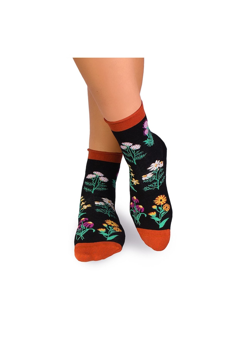 Sosete bumbac de lungime medie - model floral - Negru