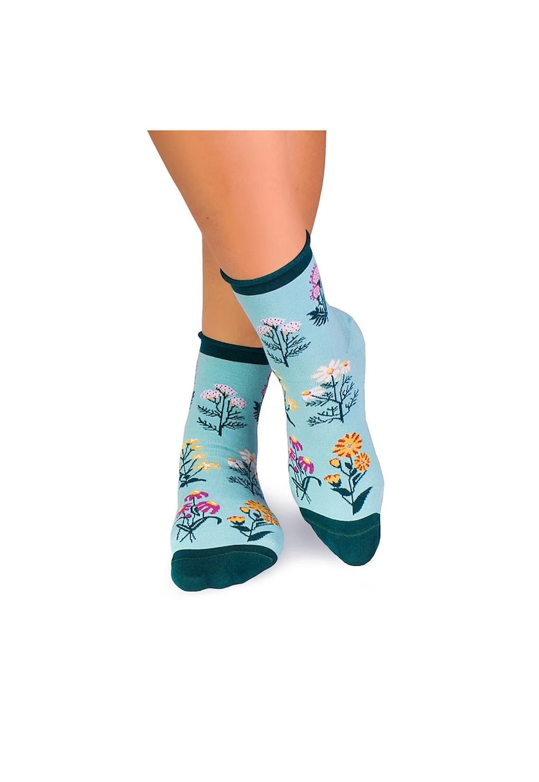 Sosete bumbac de lungime medie - model floral - Menta