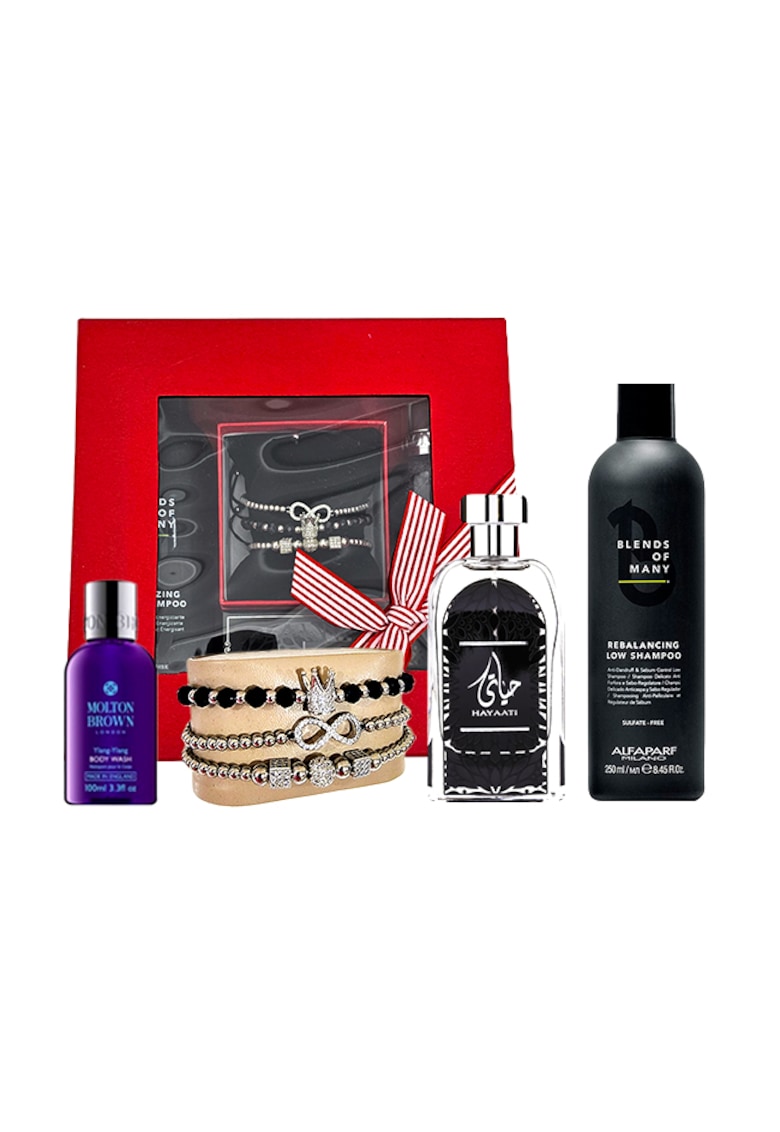 Set Black Majesty - Apa de Parfum Ard al Zaafaran Hayaati Men - 100 ml - Set 3 bratari din otel inoxidabil - onix si zirconiu - Gel de Dus Molton Brown Relaxing Ylang-Ylang - 100 ml - Sampon Alfaparf Rebalancing Low Shampoo Blends of Many - 250 ml