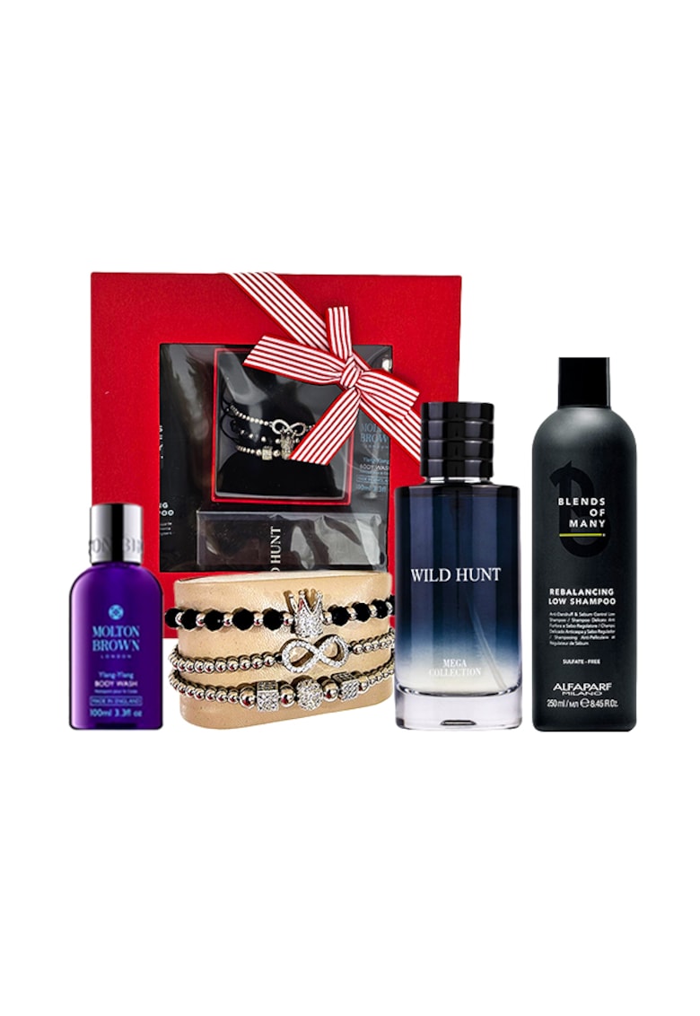 Set Azure Allure - Apa de Parfum Ard al Zaafaran Wild Hunt - 100 ml - Set 3 bratari din otel inoxidabil - onix si zirconiu - Gel de Dus Molton Brown Relaxing Ylang-Ylang - 100 ml - Sampon Alfaparf Rebalancing Low Shampoo Blends of Many - 250 ml