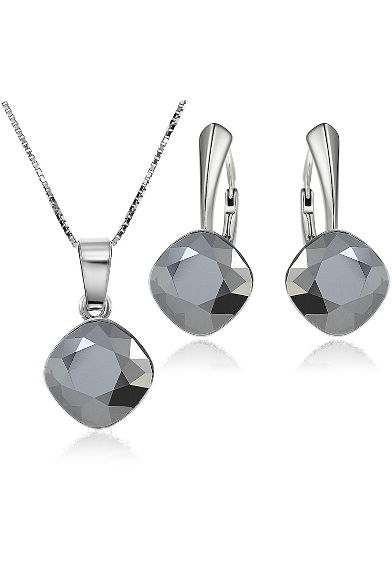 Set Argint 925 placat cu rodiu cu cristale Swarovski® Princess Square 10mm Light Chrome Leverback + Lant