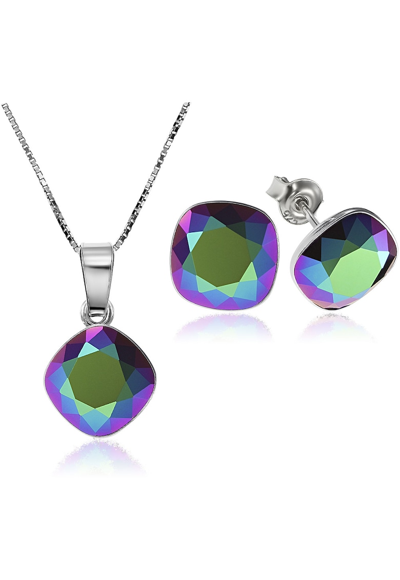 Set Argint 925 placat cu rodiu cu cristale Swarovski® Princess Square 10mm Scarabeus Green Surub + Lant