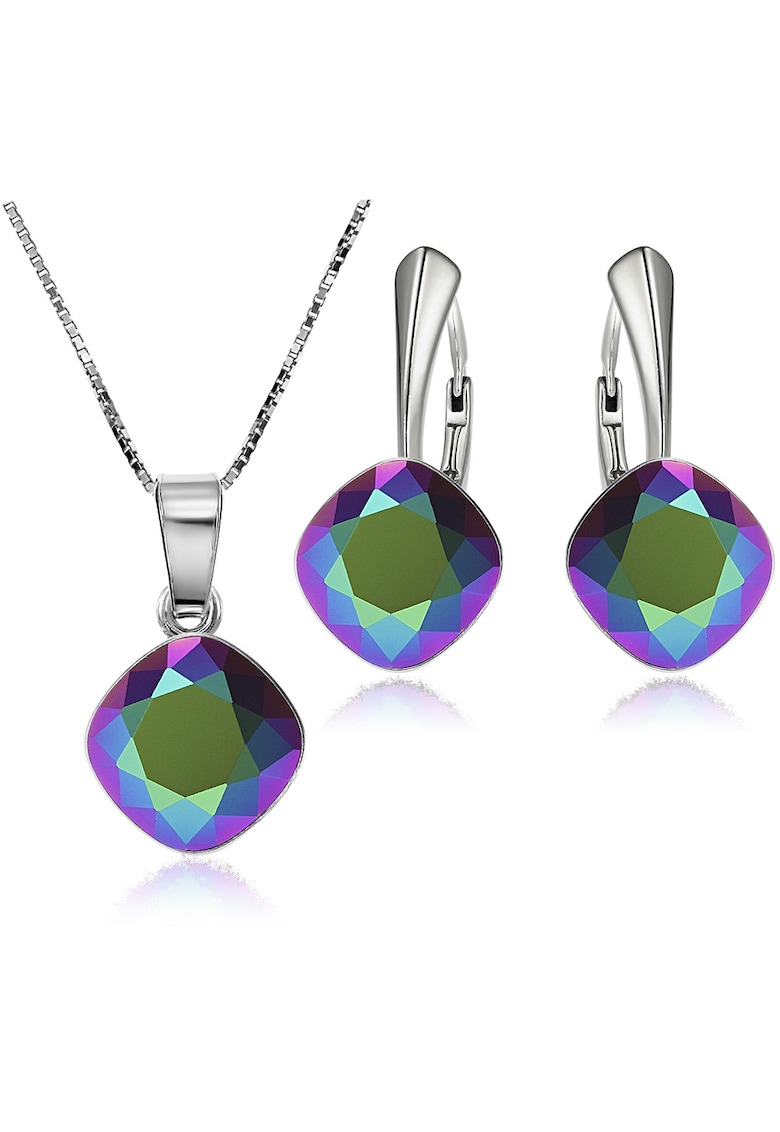 Set Argint 925 placat cu rodiu cu cristale Swarovski® Princess Square 10mm Scarabeus Green Leverback + Lant