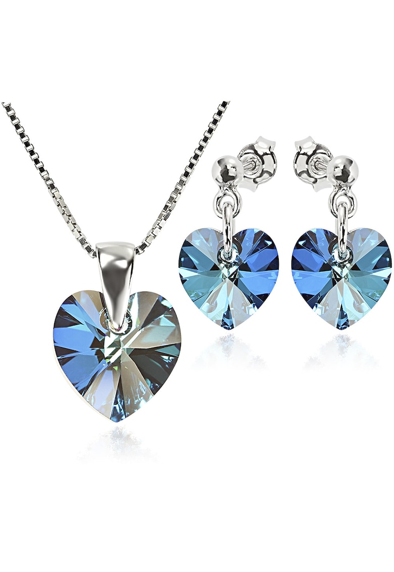 Set Argint 925 placat cu rodiu cu cristale Swarovski® Heart 10 mm Surub + Lant - Verde/Albastru aprins