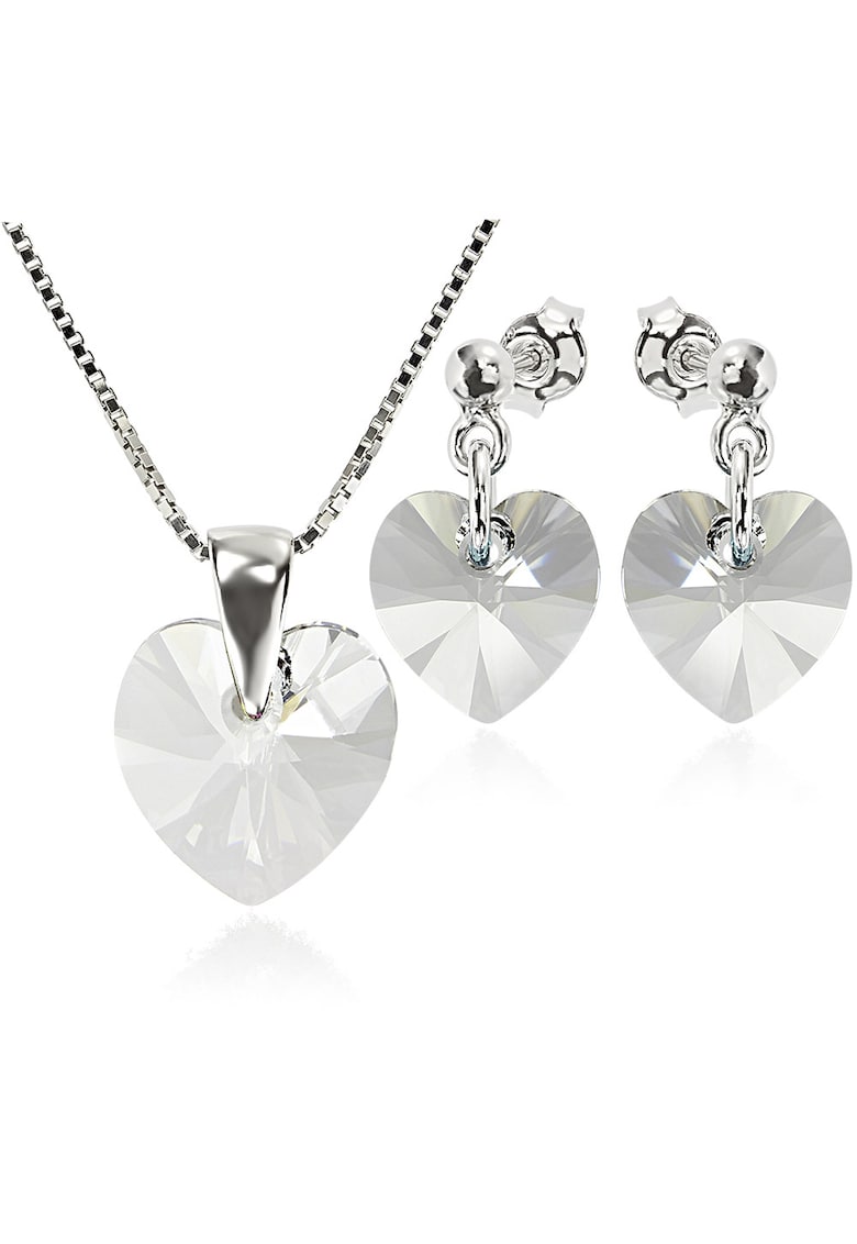 Set Argint 925 placat cu rodiu cu cristale Swarovski® Heart 10 mm Surub + Lant - Alb