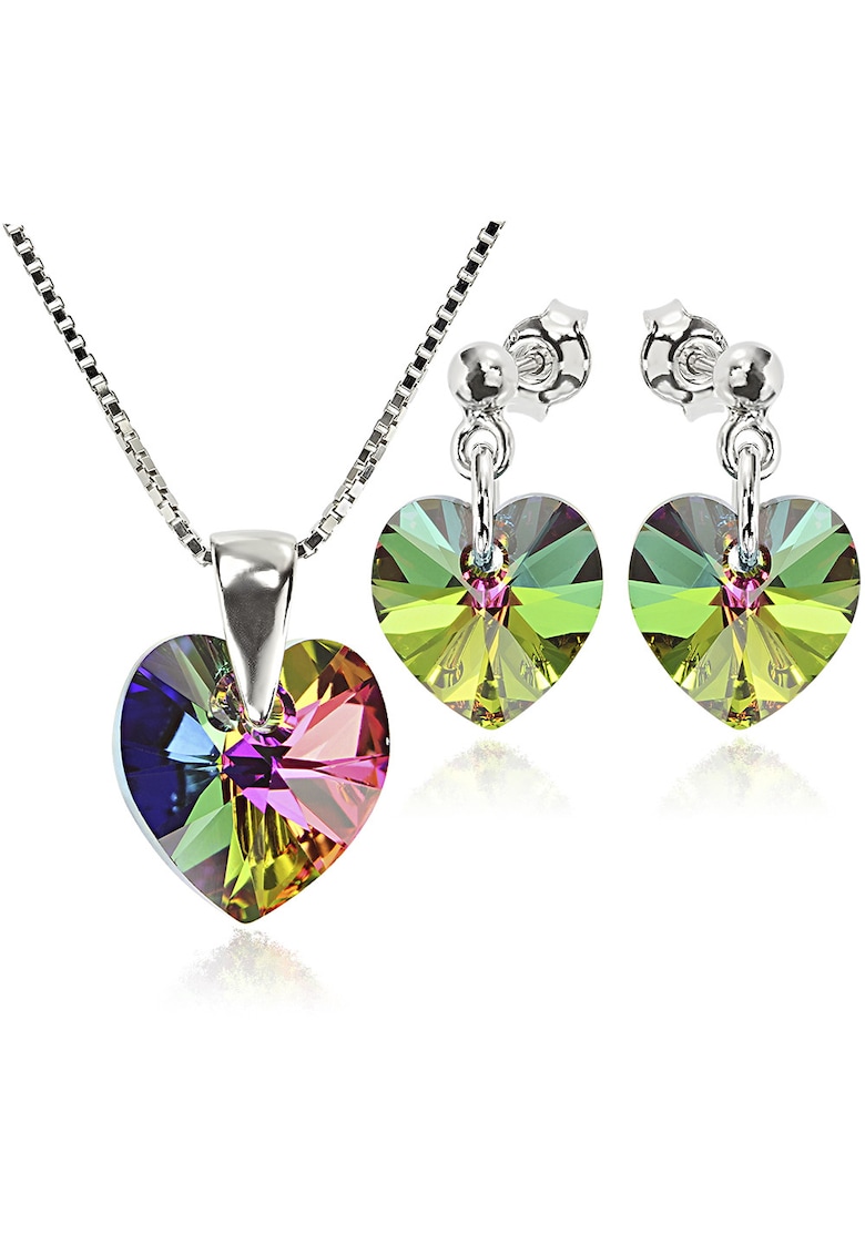 Set Argint 925 placat cu rodiu cu cristale Swarovski® Heart 10 mm Surub + Lant - Multicolor