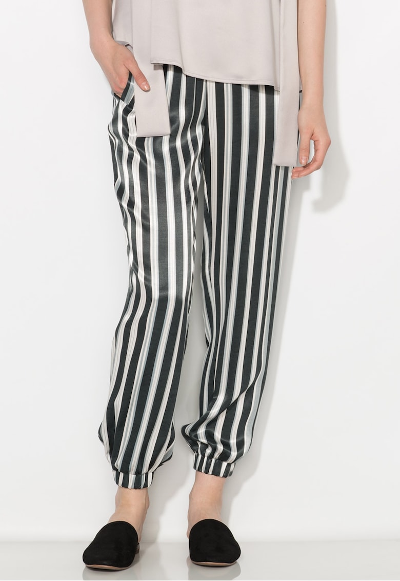 Pantaloni matasosi negru cu alb in dungi