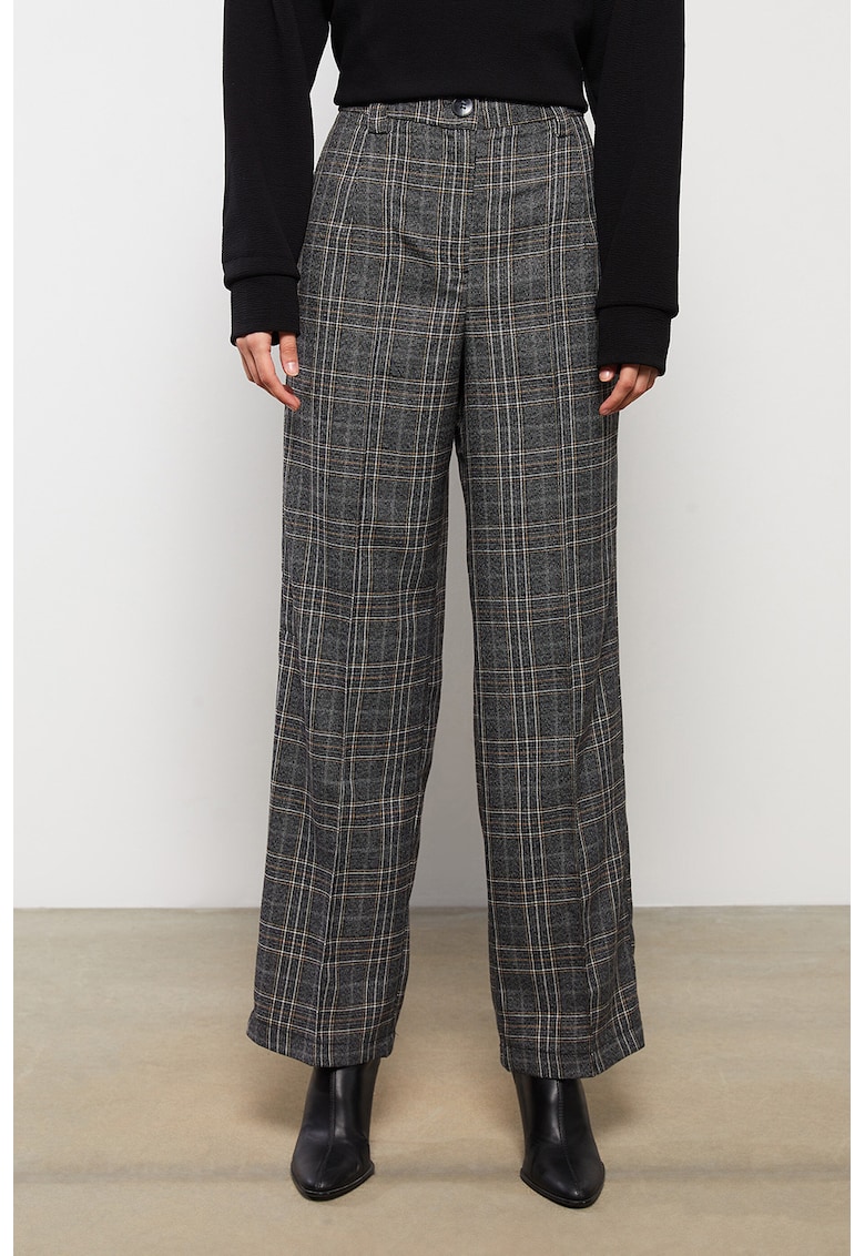 Pantaloni in carouri cu talie inalta - Gri melange
