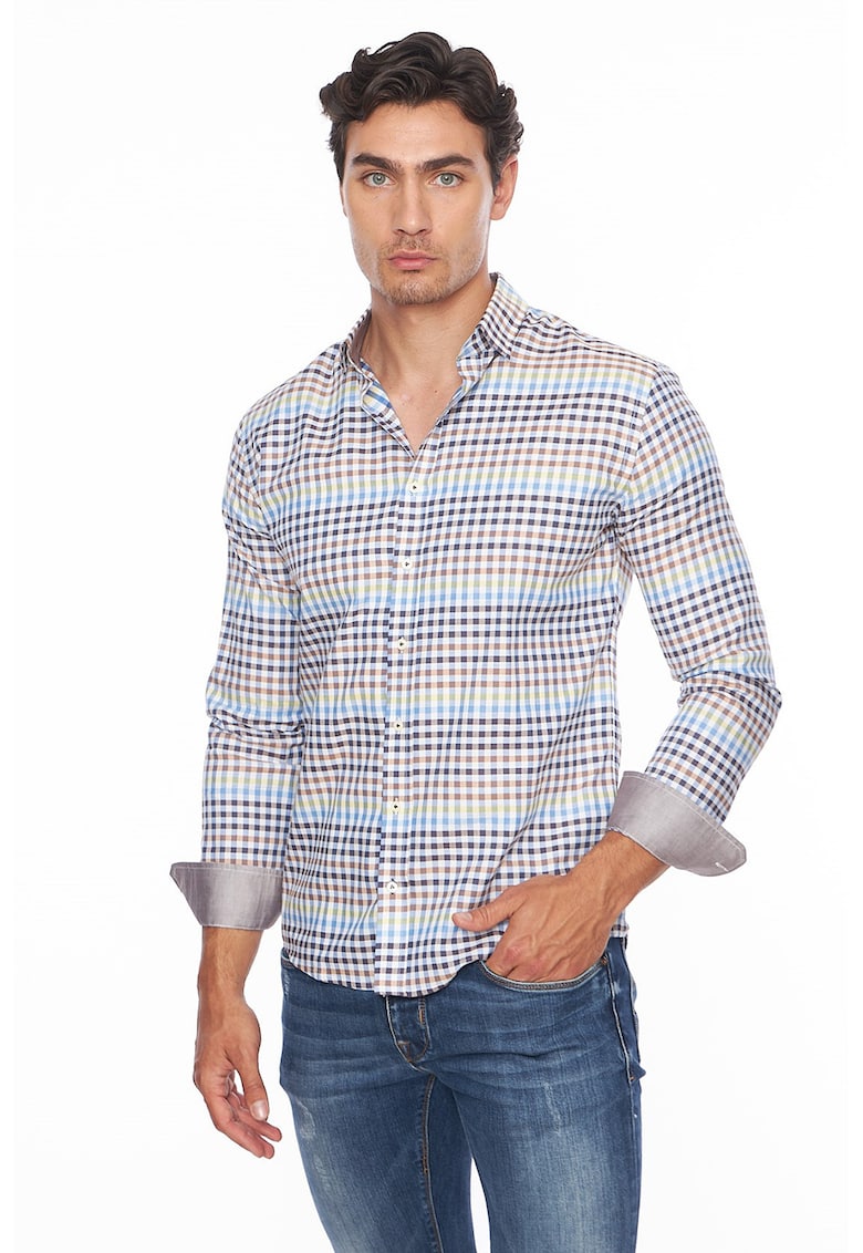 Camasa slim fit de bumbac cu model gingham - Maro/Albastru
