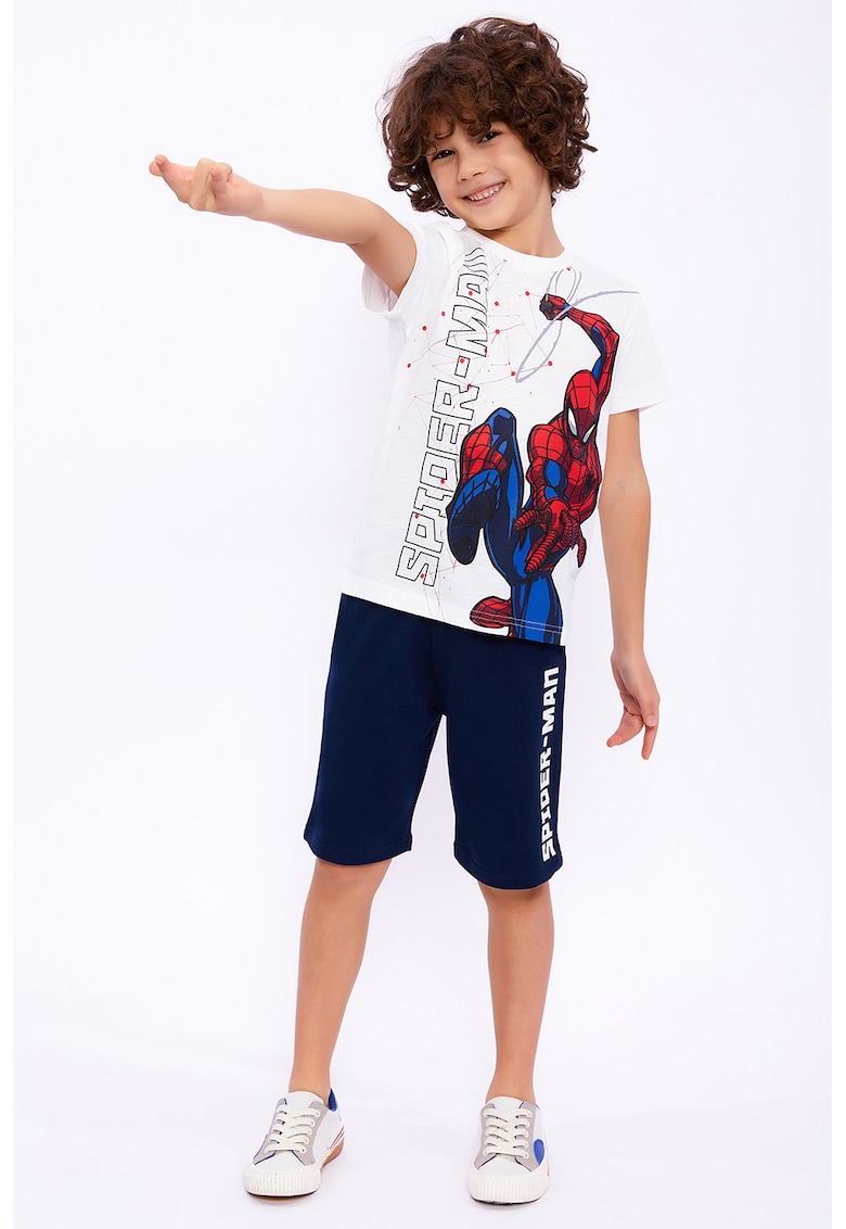 Set de tricou cu imprimeu Spiderman si pantaloni scurti - Alb/Negru/Albastru