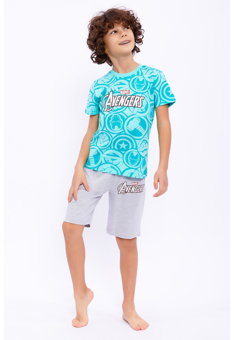Set de tricou si imprimeu The Avengers si pantaloni scurti - Turcoaz/Gri melange