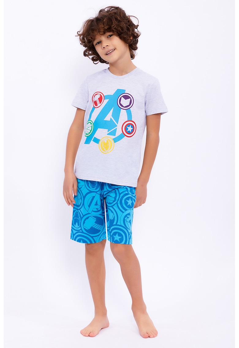 Set de tricou si bermude cu imprimeu Avengers - Galben/Maro nisip/Albastru