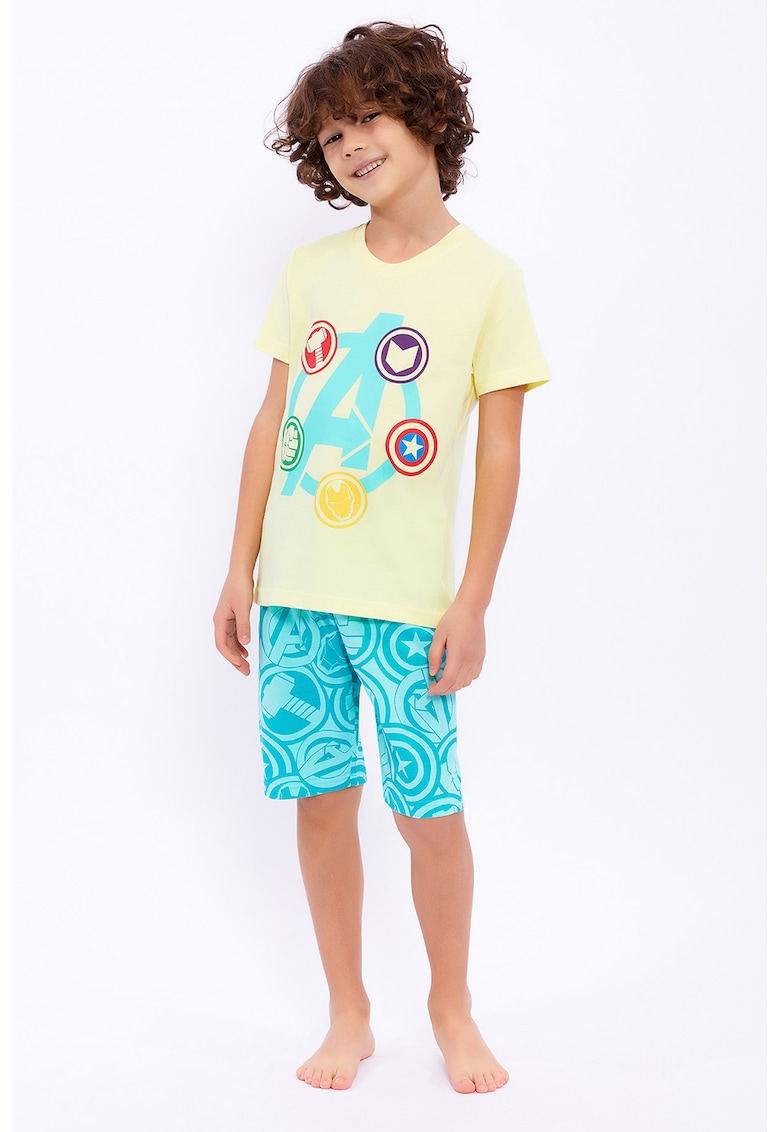 Set de tricou si bermude cu imprimeu Avengers - Galben/Turcoaz