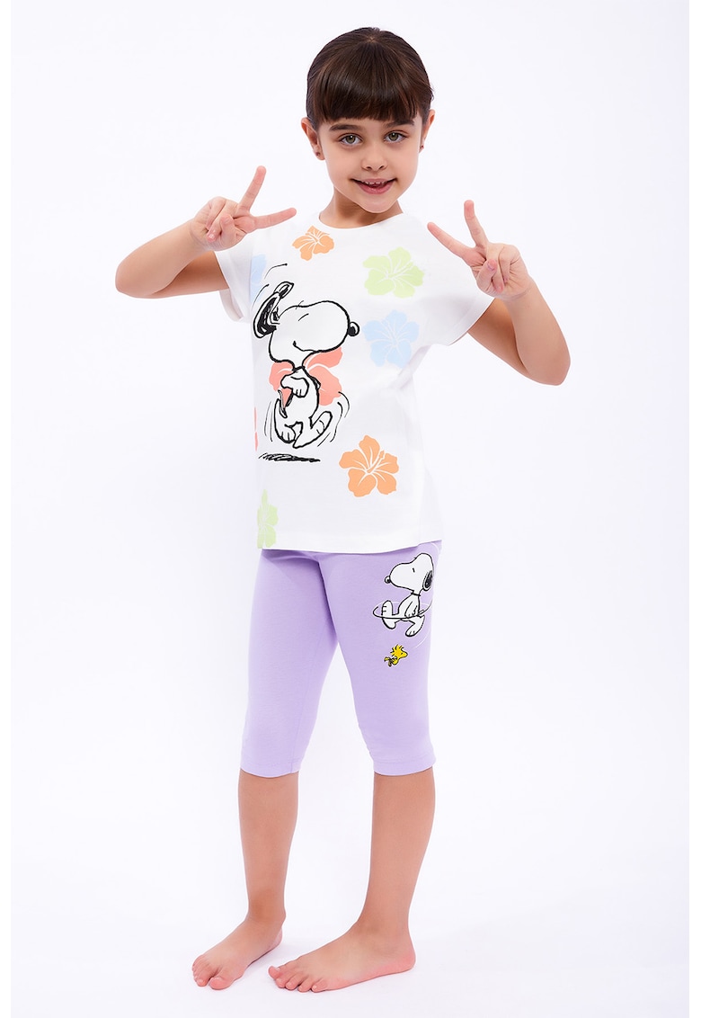 Set de tricou si colanti cu imprimeu Snoopy - Portocaliu/Lila/Alb murdar