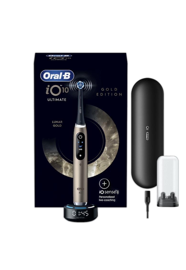 Periuta de dinti electrica iO10 cu incarcator iOSense - Tehnologie Magnetica si Micro-Vibratii - Inteligenta artificiala - Display led - Senzor de presiune Smart - 7 moduri - 1 capat - Suport rezerve - Trusa de calatorie cu incarcator - Auriu/Negru