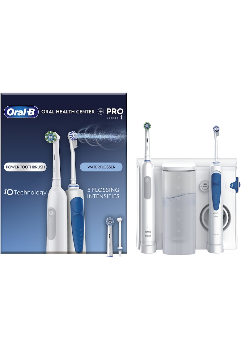 Set irigator bucal Oral Health Center + Periuta de dinti electrica Pro Series 1 - 5 program de presiune - 1 duza Oxyjet - 1 duza cu jet de apa - Curatare 3D - 2 capete - Alb
