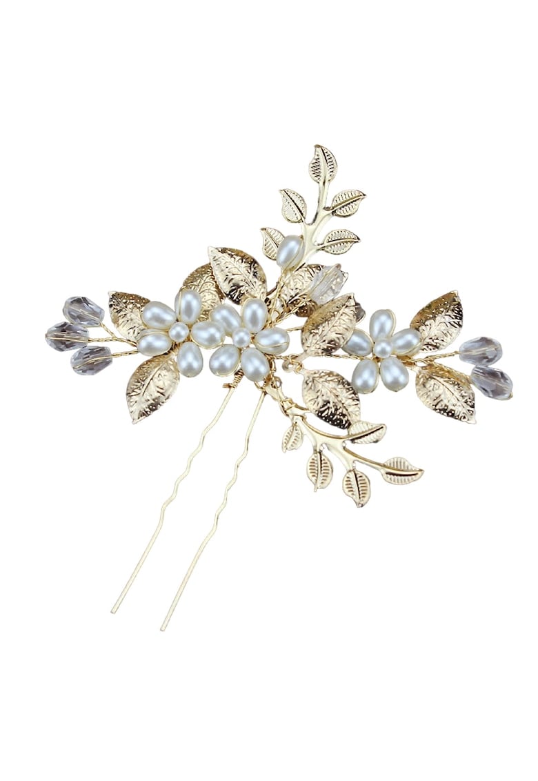 Accesoriu de par - auriu - tip ac - cu frunzulite si perle - Cris C10 -