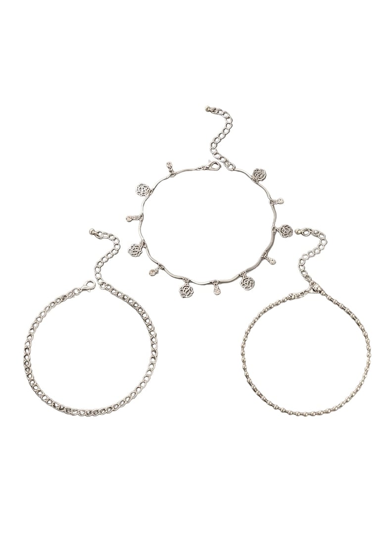 Set 3 bratari de picior - argintii - cu pietre si trandafiri - Chatinka C33 -