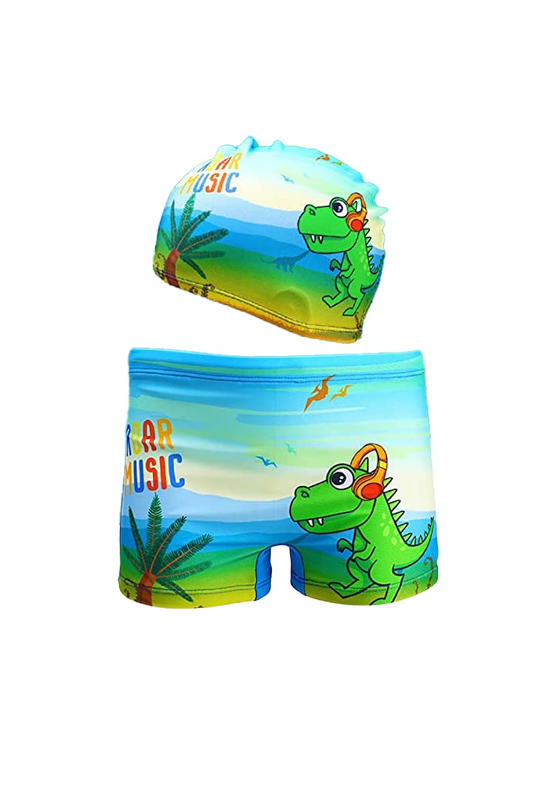 Set pantaloni de baie pentru baieti cu casca asortata - tematica petrecere pe plaja - model cu animale - EFAYN