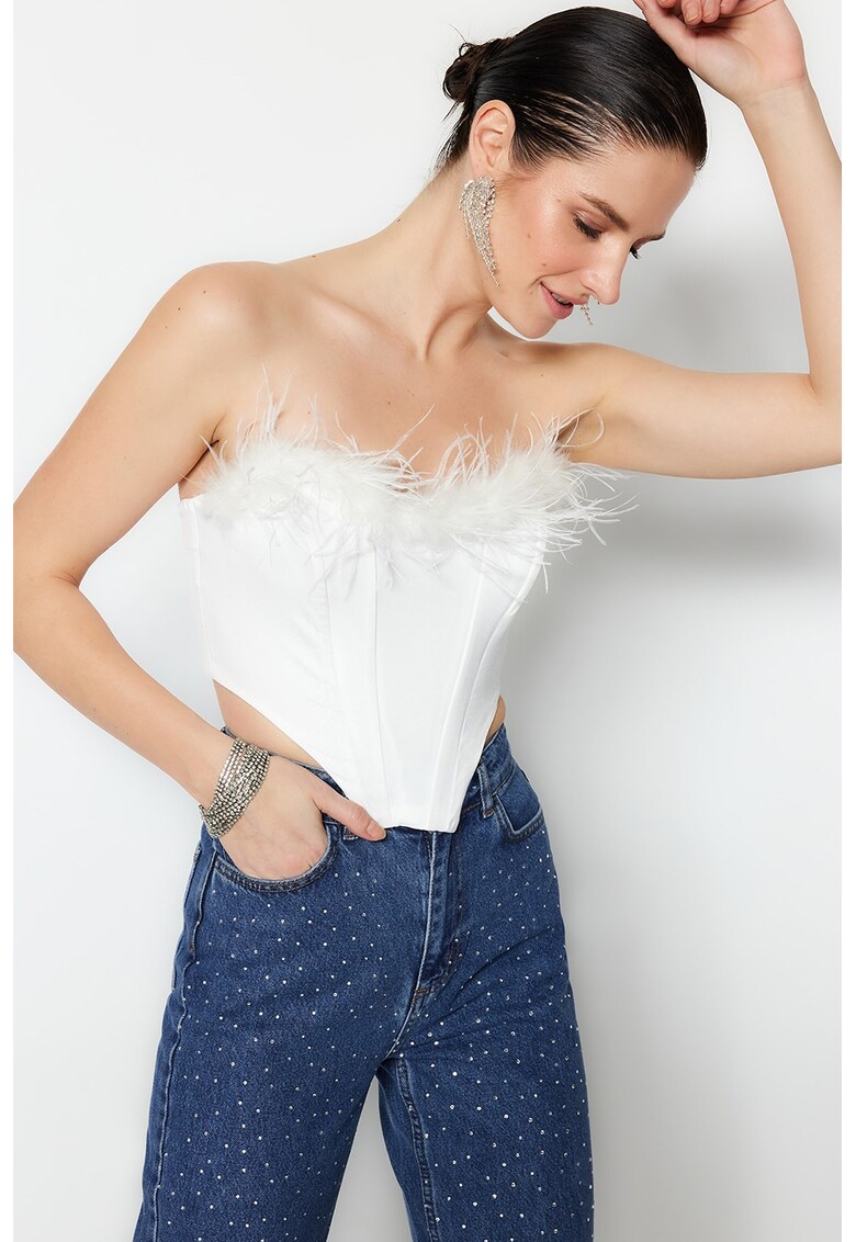 Corset crop cu pene sintetice