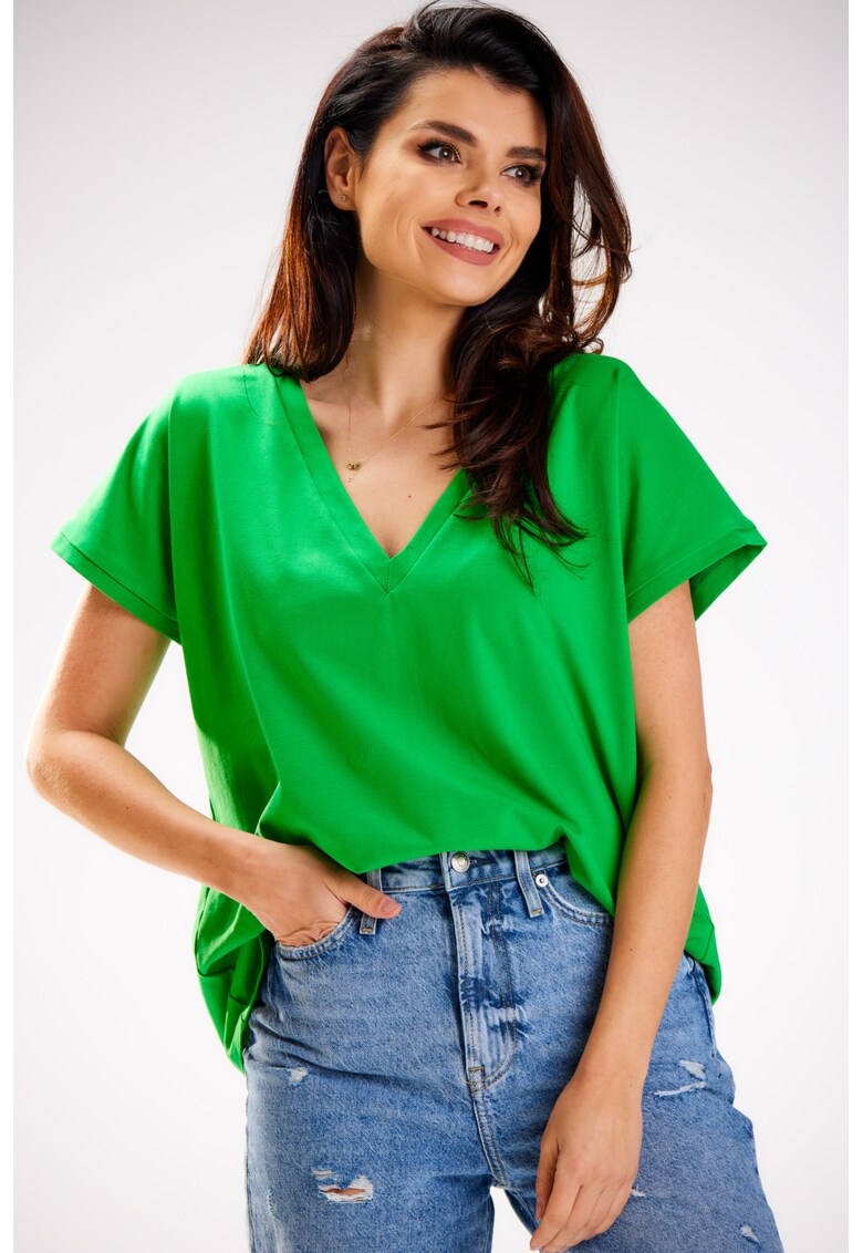 Tricou Dama - Awama - Material 95% Bumbac - 5% Elastan - Maneca Scurta - Uni - Croi Lejer - Fason Basic - Decolteu In Forma De V - One Size - Verde