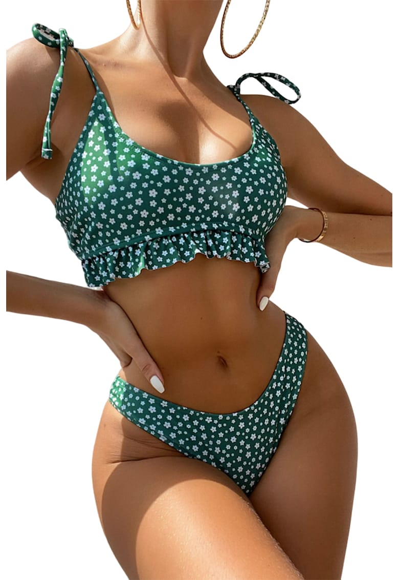 Costum de baie dama - 2 piese - model sexy trendy cu floricele - sutien tip bustiera cu volanas si chilot decupaj clasic croi ingust - EFAYN