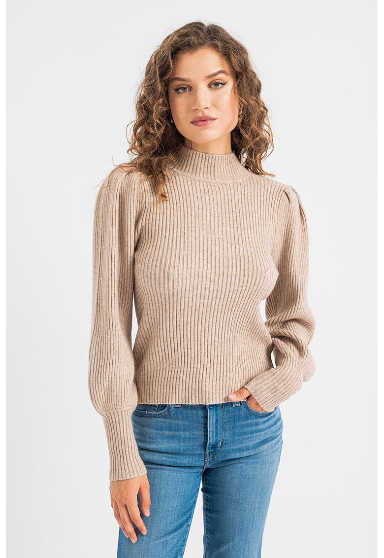 Pulover cu guler inalt - striatii si maneci bufante - Maro taupe