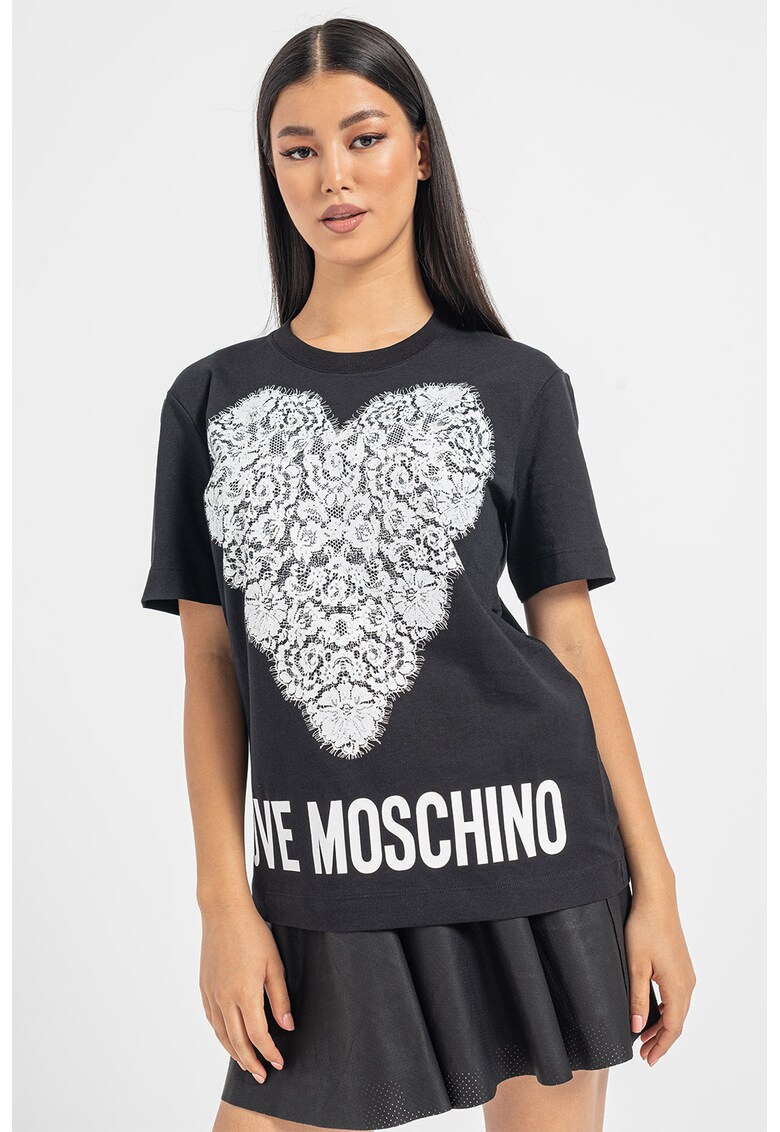 Love Moschino Tricou de bumbac cu imprimeu inima cu dantela