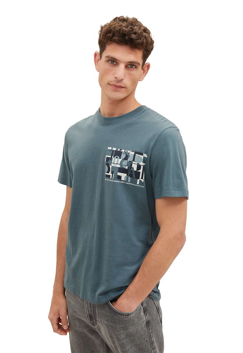 Tricou de bumbac cu decolteu la baza gatului - Albastru petrol