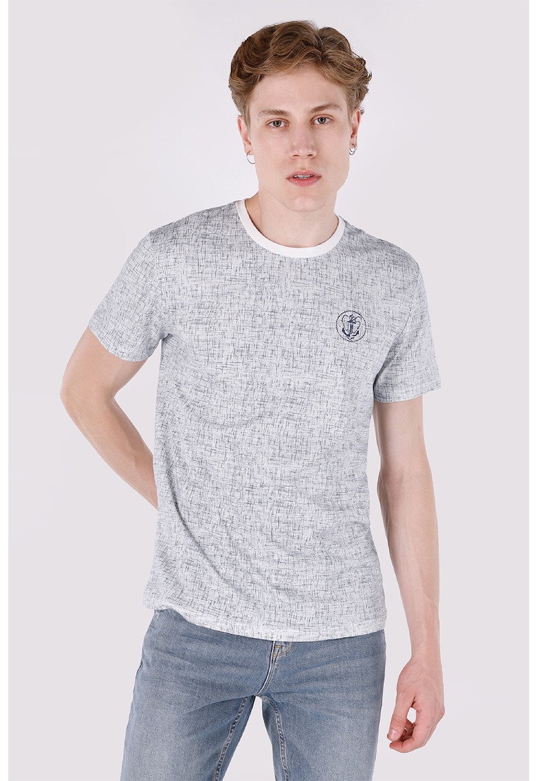 Tricou de bumbac cu decolteu la baza gatului - Alb murdar/Bleumarin