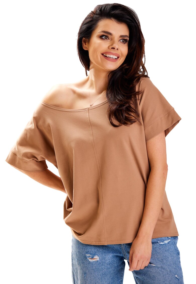 Bluza Dama - Awama - Material Bumbac - Stil Casual - Croi Regular - Fara Inchidere - Maneca Medie - Decolteu Tip Barca - Fara Buzunare - One Size - Bej