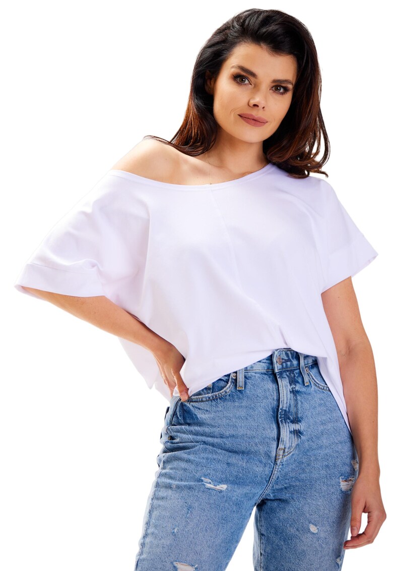 Bluza Dama - Awama - Material Bumbac - Stil Casual - Croi Regular - Fara Inchidere - Maneca Medie - Decolteu In Barca - Fara Buzunare - One Size - Alb