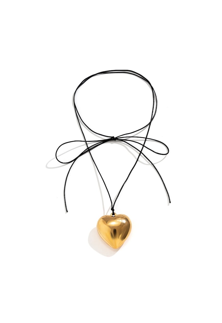 Colier choker - auriu - cu snur negru si inima supradimensionata - Eja C16 -