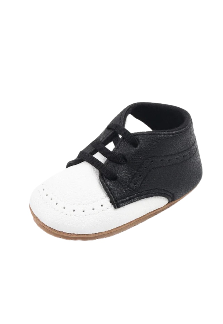 Pantofi Elegant - Piele ecologica - Baieti - Siret - Alb/ Negru