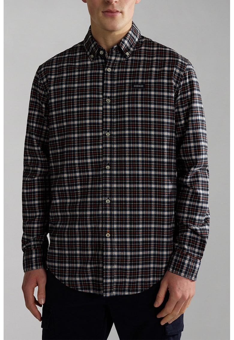 Camasa de bumbac cu model in carouri - Negru/Portocaliu/Bleumarin