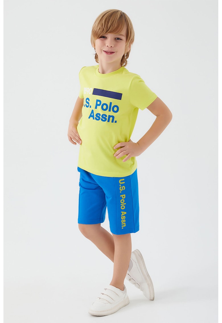 Set de tricou cu imprimeu logo si pantaloni scurti - Albastru royal/Verde lime