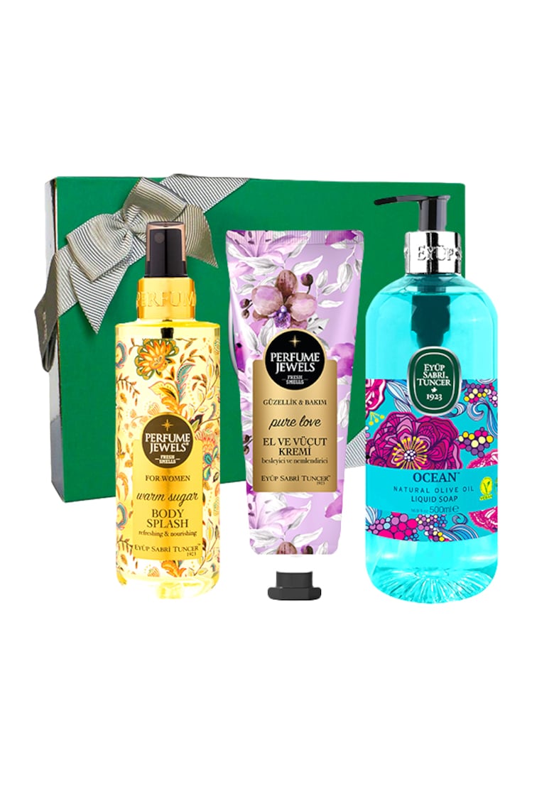 Set Eyup Sabri Tuncer - Spray de Corp Warm Sugar 250ml - Crema De Maini Si De Corp Pure Love 50 ml - Sapun Lichid Ulei De Masline Natural Ocean 500 ml