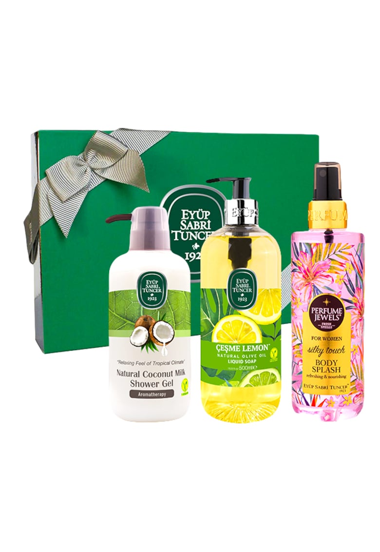 Set Eyup Sabri Tuncer - Spray de Corp Silky Touch 250ml - Gel De Dus Cu Lapte De Nuca De Cocos 600 ml - Sapun Lichid Ulei De Masline Cesme Lemon 500 ml