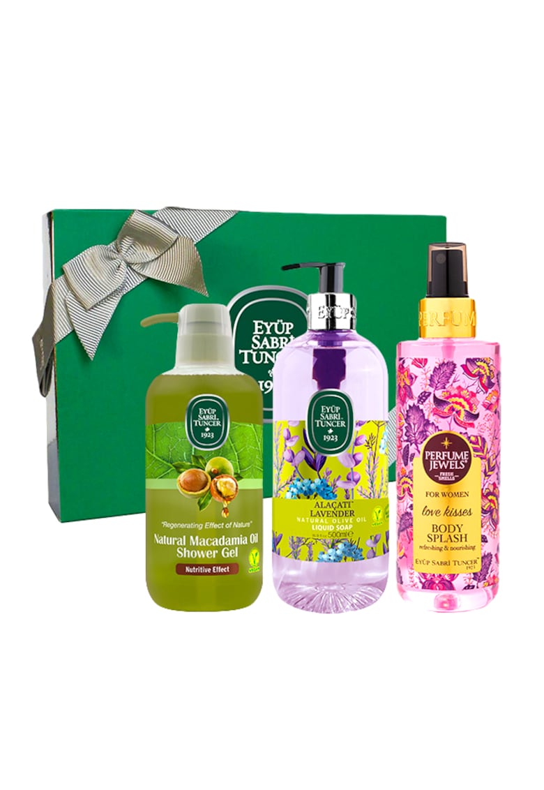 Set Eyup Sabri Tuncer - Gel De Dus Cu Ulei De Macadamia Natural 600 ml - Sapun Lichid Ulei De Masline Alaçati Lavender 500 ml - Spray de Corp Love Kisses 250 ml