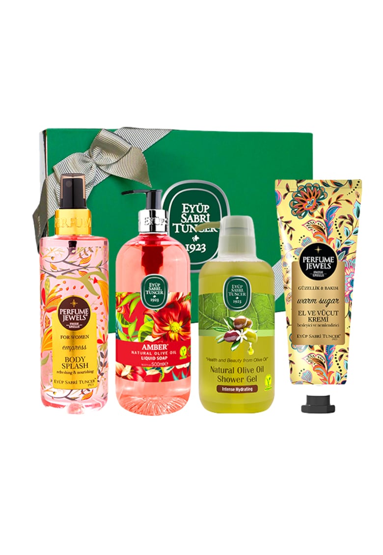 Set Eyup Sabri Tuncer - Crema De Maini Si De Corp Warm Sugar 50 ml - Sapun Lichid Ulei De Masline Amber 500 ml - Gel De Dus Ulei De Masline 600 ml - Spray de Corp Jewels Empress 250 ml
