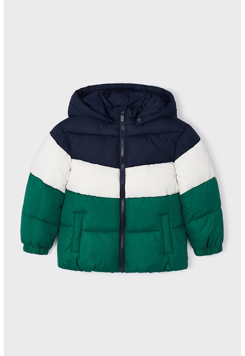 Geaca bufanta cu model colorblock si gluga detasabila