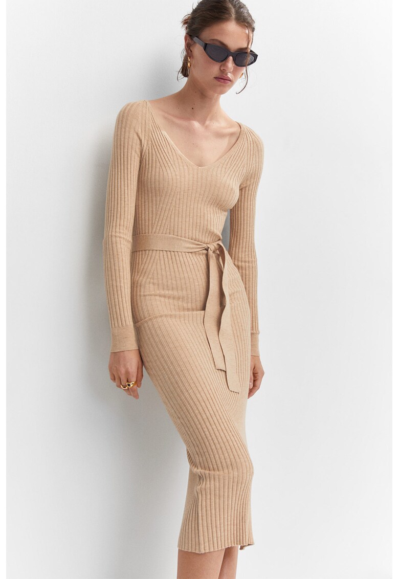 Rochie midi cu decolteu in V si aspect striat Goleta