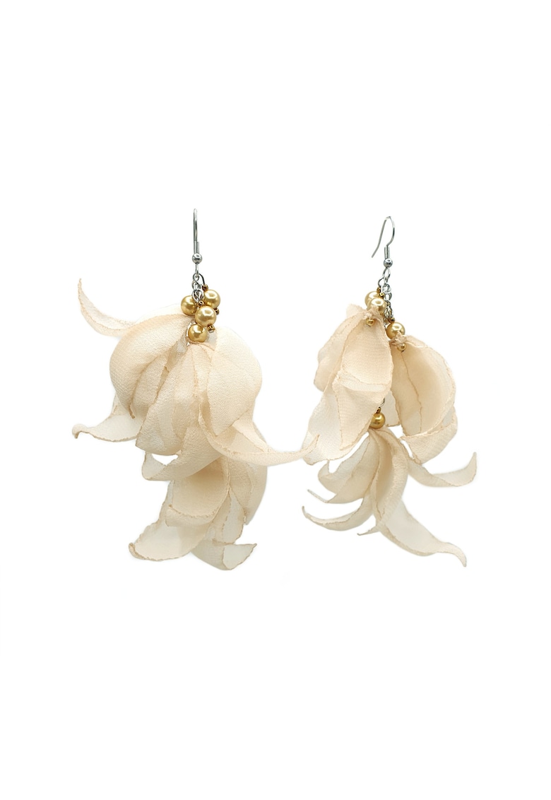 Cercei lungi voluminosi - Zia Fashion - voal - inox - handmade - Auriu/Bej