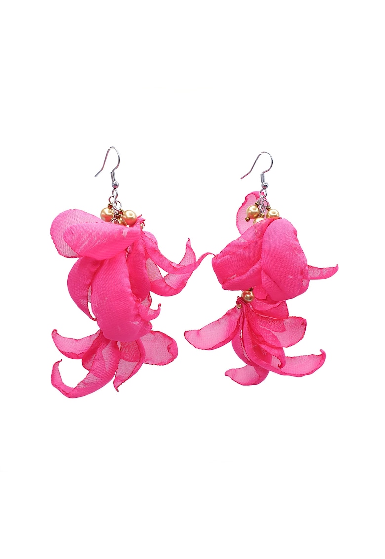 Cercei lungi voluminosi - Zia Fashion - voal - inox - handmade - Auriu/Roz