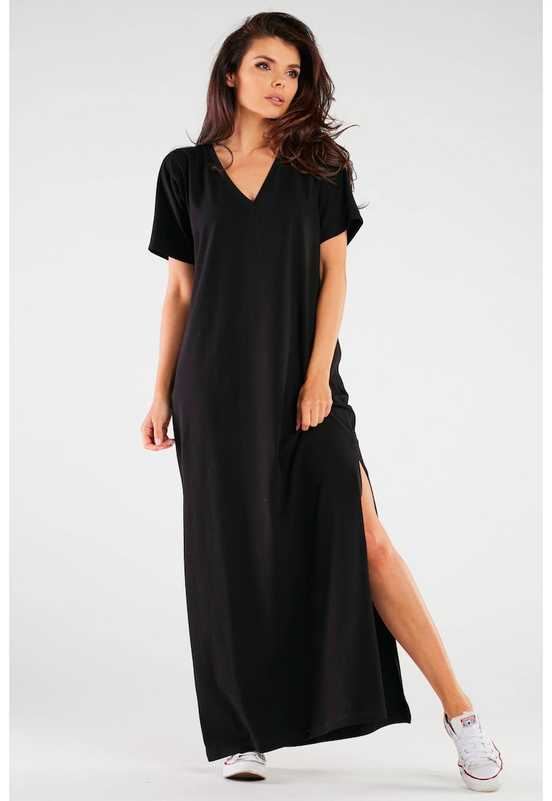 Rochie oversize tip chimono maxi din tricot de bumbac - - Negru